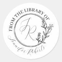 Feminine Floral Script Initials Library Bookplate