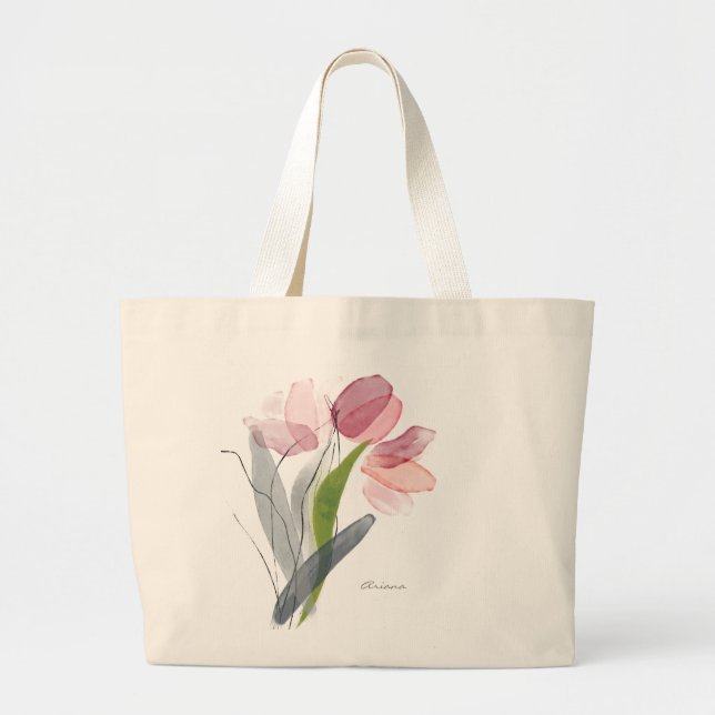 Feminine Floral Tulips Green Leaves Large Tote Bag (Front)