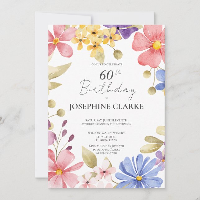Feminine Floral Wreath 60th Birthday Party Invitation (Front)