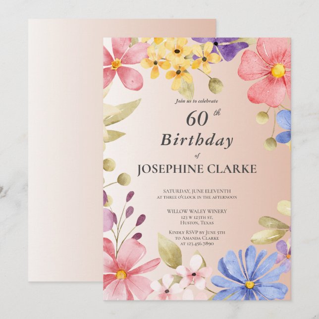 Feminine Floral Wreath 60th Birthday Party Invitation (Front/Back)