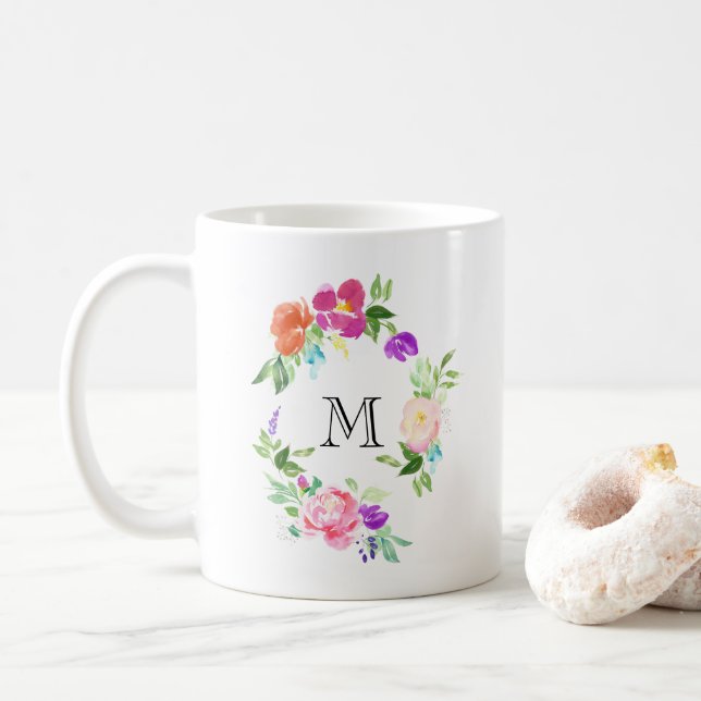 Feminine Floral Wreath Personalised Monogram Coffee Mug (With Donut)
