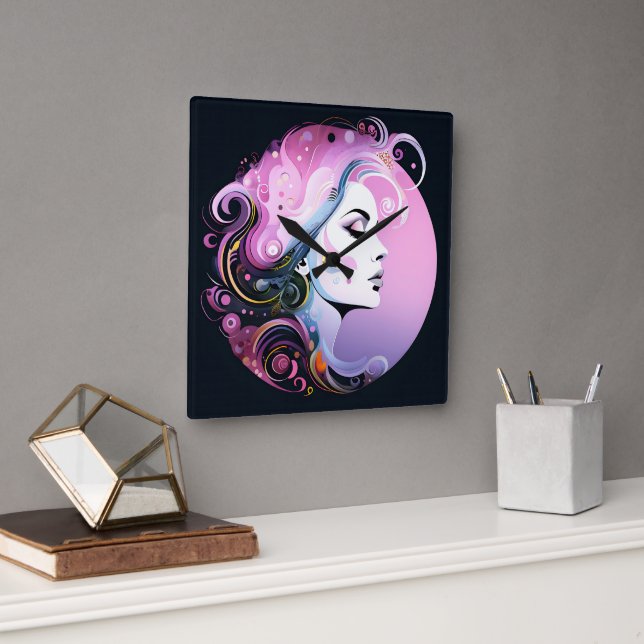 "Feminine Flourish" Women's Beauty      Square Wall Clock (Office)