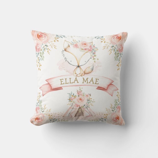 Feminine Fox Blush Floral Boho Woodland Nursery Cushion (Front)