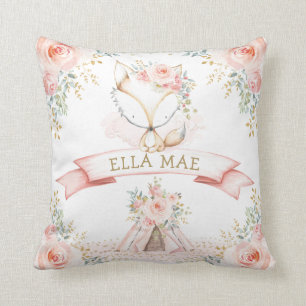 Feminine Fox Blush Floral Boho Woodland Nursery Cushion