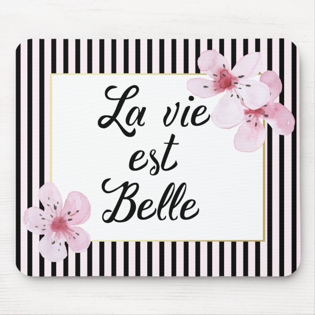 Feminine French Pink and Black Stripes and Flowers Mouse Mat (Front)