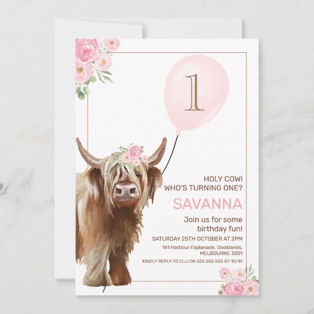 Feminine Girls Holy Cow Balloon 1st Birthday Invitation (Front)