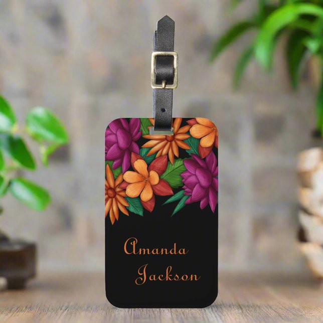 Feminine Girly Colourful Flowers Name Script  Luggage Tag (Creator Uploaded)