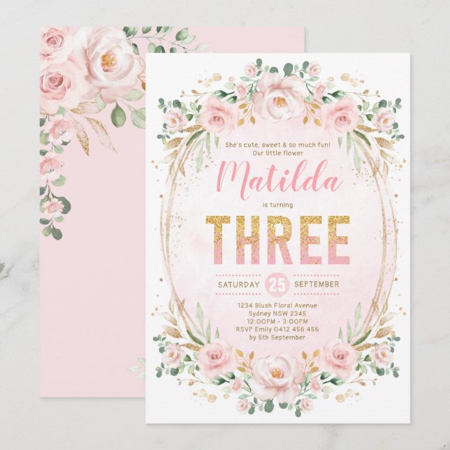 Feminine Glam Blush Floral Pink Gold 3rd Birthday Invitation (Front/Back)