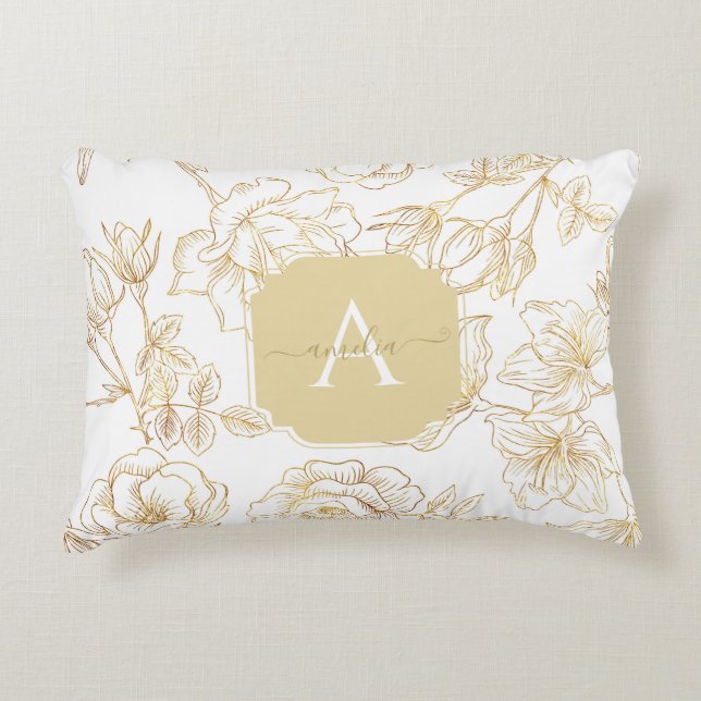 Feminine glam modern gold floral monogram name  decorative cushion (Front)