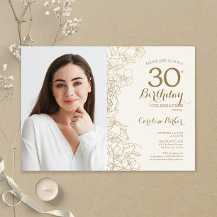 Feminine Gold Floral Photo 30th Birthday Invitation