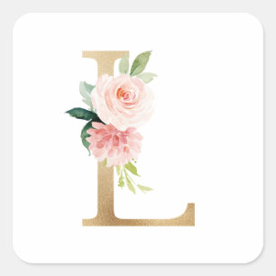 Feminine Gold Foil Blush Floral Letter L Monogram Square Sticker