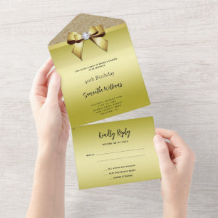 Feminine Gold Gem Bow & Glitter Birthday All In One Invitation