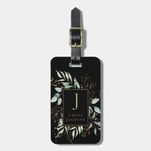 Feminine Gold Glitter Black Monogrammed  Luggage Tag