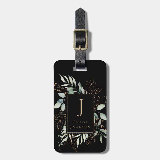 Feminine Gold Glitter Black Monogrammed  Luggage Tag (Front Vertical)