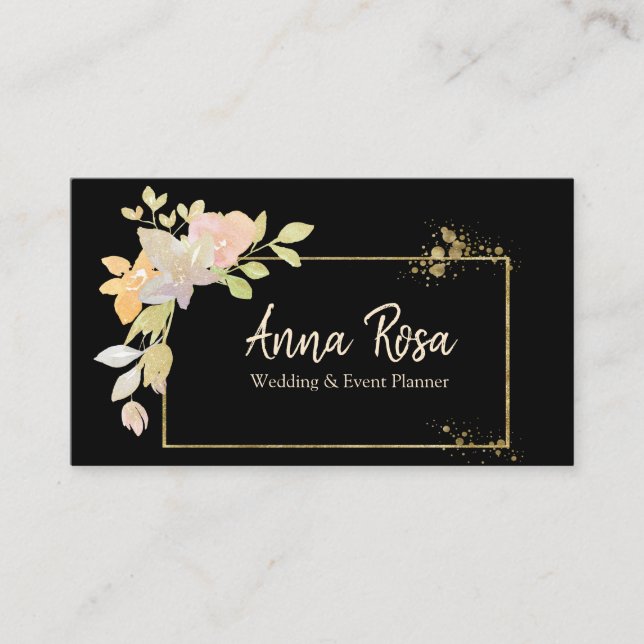 *~* Feminine Gold Lavender Pink Watercolor Flowers Business Card (Front)