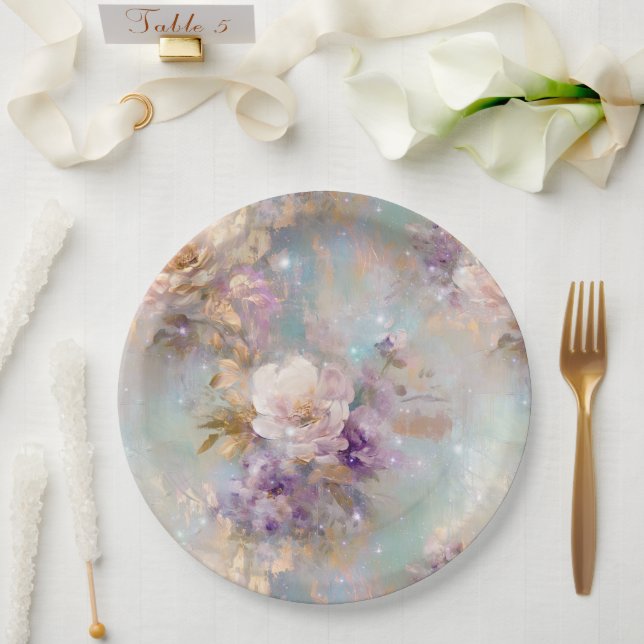 Feminine Gold Purple White Flowers Paper Plate (Wedding)