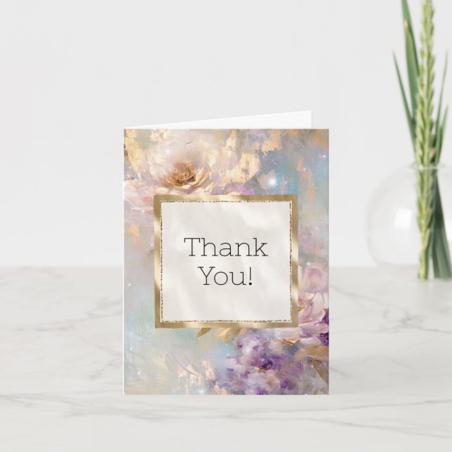 Feminine Gold Purple White Flowers Thank You Card (Front)