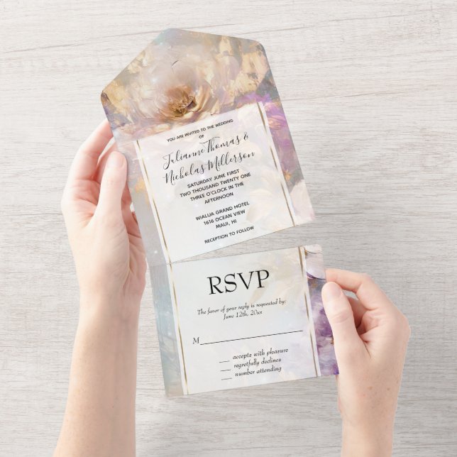 Feminine Gold White Flowers Wedding All In One Invitation (Tearaway)