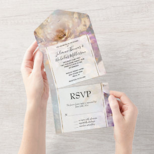 Feminine Gold White Flowers Wedding All In One Invitation