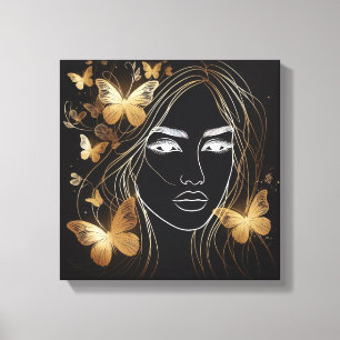 Feminine Golden Butterfly Veil Black Canvas Design Print