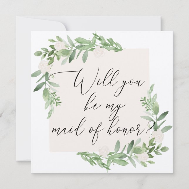 Feminine greenery and blush Maid of Honour Card (Front)