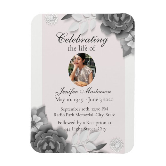 Feminine Grey Pink Floral Celebration of Life  Magnet (Vertical)
