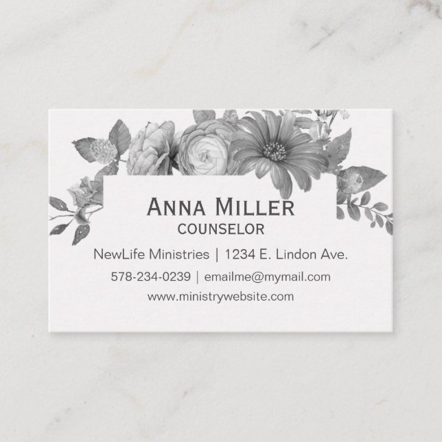 Feminine Grisaille Floral Counseling Ministry Business Card (Front)