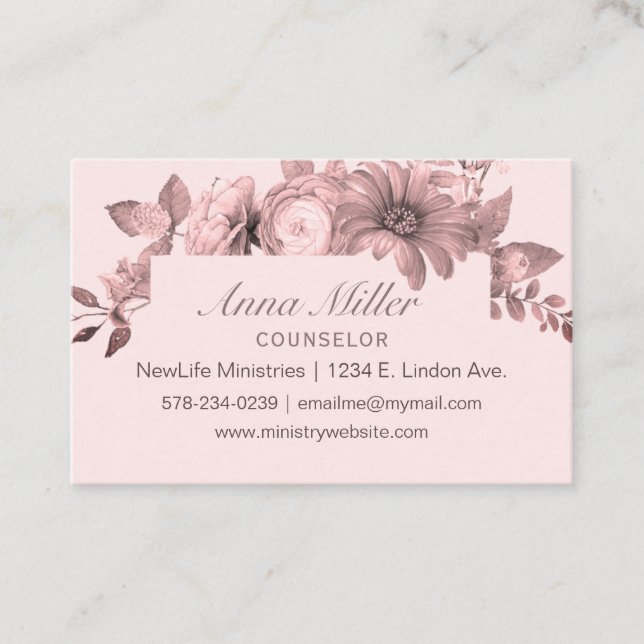 Feminine Grisaille Rose Pink Counseling Ministry Business Card (Front)