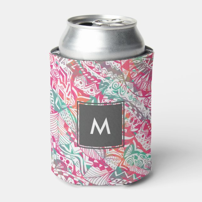 feminine hand drawn pink tribal floral pattern can cooler (Can Front)