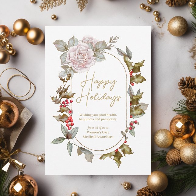 Feminine Holly Evergreens and Roses Corporate Holiday Card (An elegant holiday card for businesses serving women.)