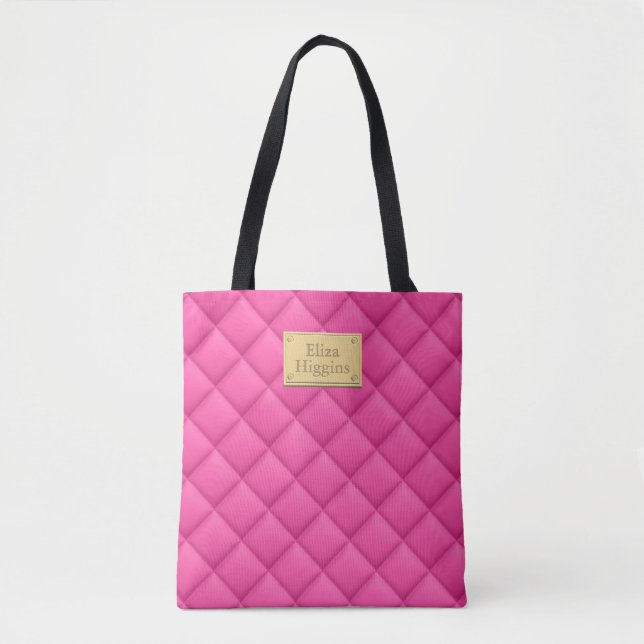 Feminine Hot Pink Quilted Pattern Name Tote Bag (Front)