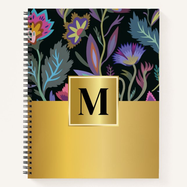 Feminine initial Black floral pattern Elegant gold Notebook (Front)