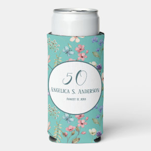 Feminine Light Teal Floral Wildflowers Pattern   Seltzer Can Cooler