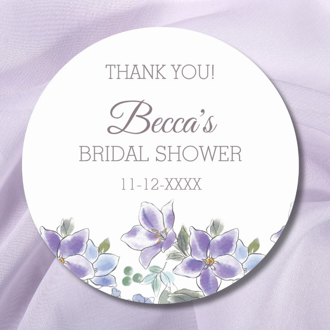 Feminine Lilac Floral Bridal Shower Thank You Classic Round Sticker (Creator Uploaded)
