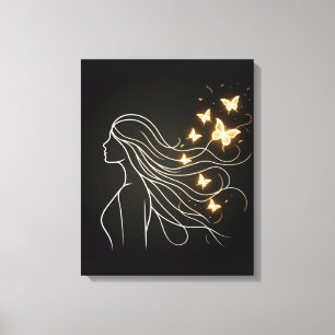Feminine Line Art with Golden Butterflies Canvas Print