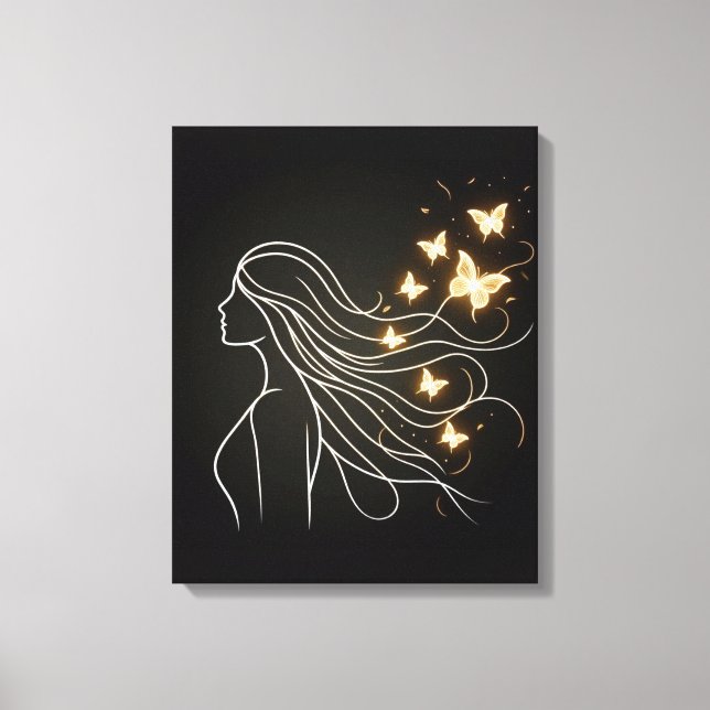 Feminine Line Art with Golden Butterflies Canvas Print (Front)