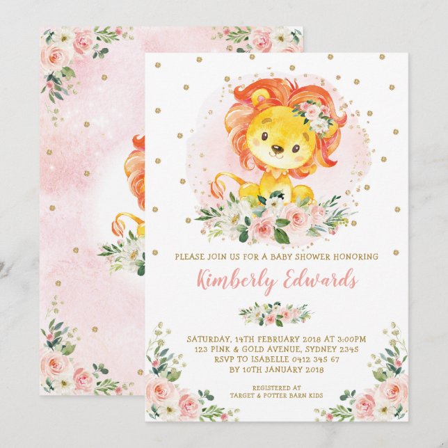 Feminine Lion Baby Shower Blush Gold Floral Invitation (Front/Back)
