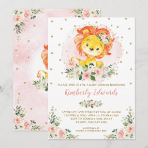 Feminine Lion Baby Shower Blush Gold Floral Invitation