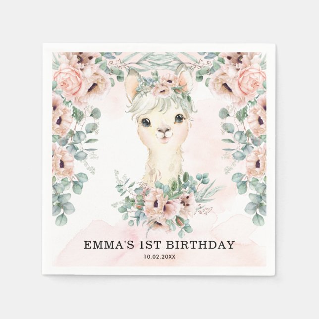 Feminine Llama Blush Pink Floral Greenery Birthday Napkin (Front)