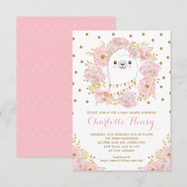 Feminine Llama Blush Pink Gold Floral Baby Shower Invitation (Front/Back)