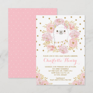Feminine Llama Blush Pink Gold Floral Baby Shower Invitation