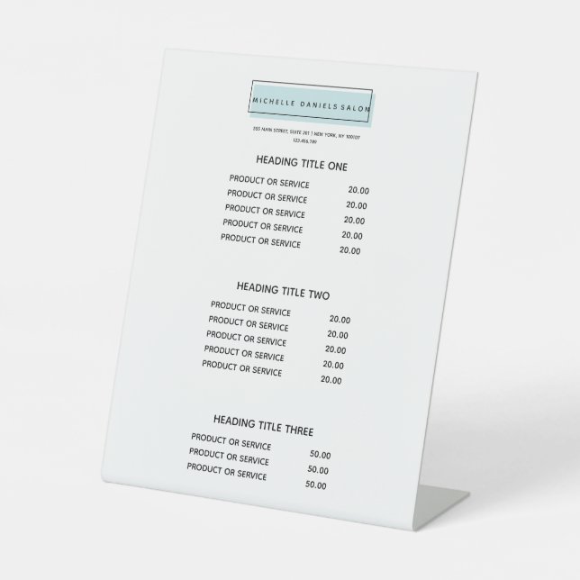 Feminine Logo | Blue  Salon Spa Price List Pedestal Sign (Front)