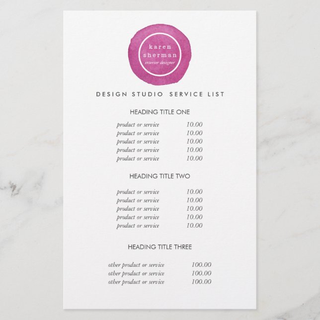 Feminine logo hot pink  | Pricing & Services Flyer (Front)