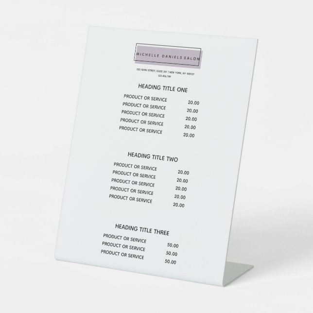Feminine Logo | Lavender | Salon Spa Price List Pedestal Sign (Front)