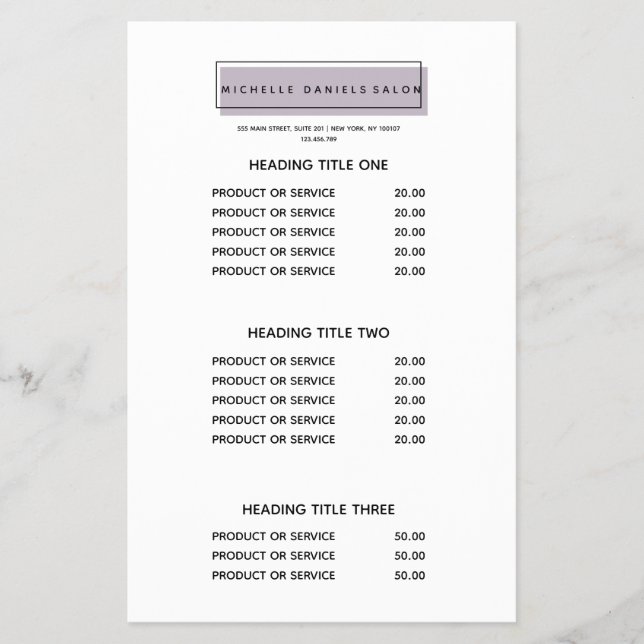 Feminine Logo | Lavender | Spa  Pricing & Services Flyer (Front)