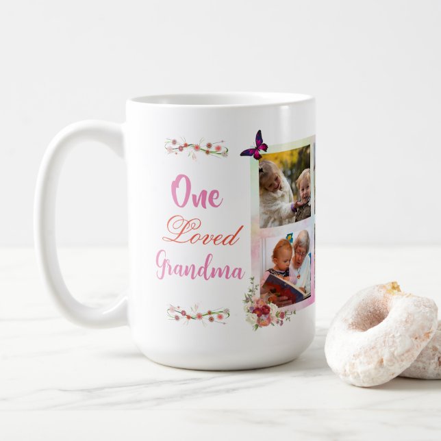 Feminine Love Grandma Photo Collage Personalised Coffee Mug (With Donut)