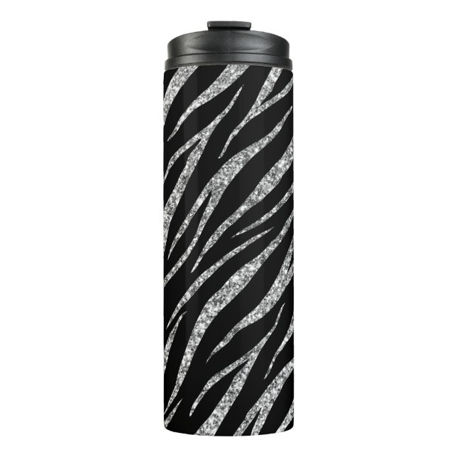  Feminine Luxury Black & Silver Classy Zebra Print Thermal Tumbler (Front)