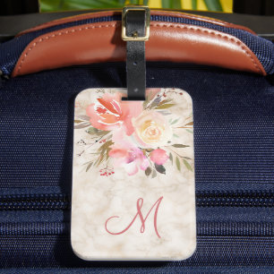 Feminine Marble and Floral Pattern with Monogram Luggage Tag