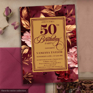 Feminine marsala blush gold floral 50th birthday  invitation