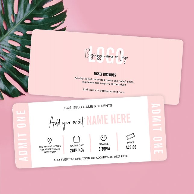 Feminine Modern Event Ticket Company Gift Voucher Invitation (Feminine event ticket design in blush pink and white with fully editable text and colors)